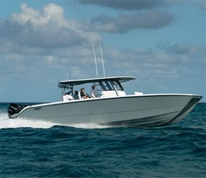 Patented hull design display on the 40 ft. center console Catamaran by Invincible Boats.