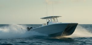 World-class 35 foot catamaran by Invincible Boats displaying perfectly designed twin hulls.